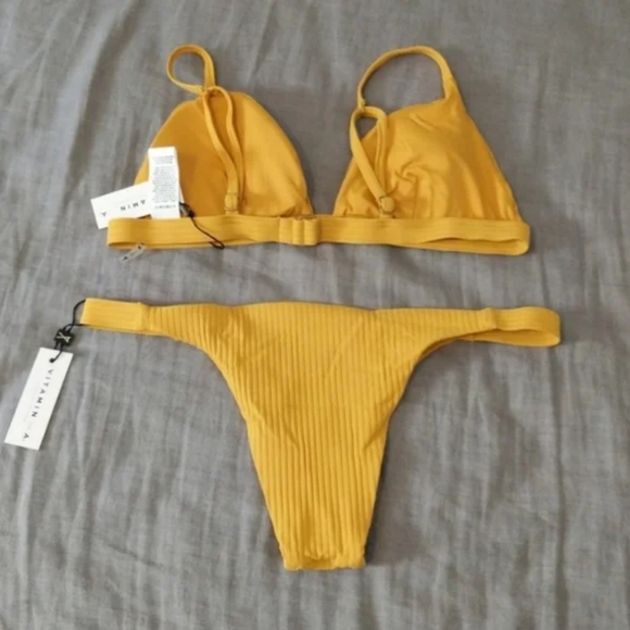 Vitamin A Moss Triangle Bikini Top Carmen Cheeky High Leg Bottom Marigold - Picture 7 of 9